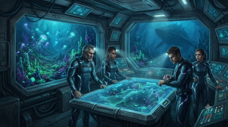 A team of four divers in sleek, form-fitting wetsuits with glowing headlamps and high-tech gear stands around a central holographic table, examining a complex map of the ocean floor. The submarine's thick glass window reveals a breathtaking, alien landscape of a deep oceanic trench, illuminated by bioluminescent jellyfish and strange, glowing rock formations