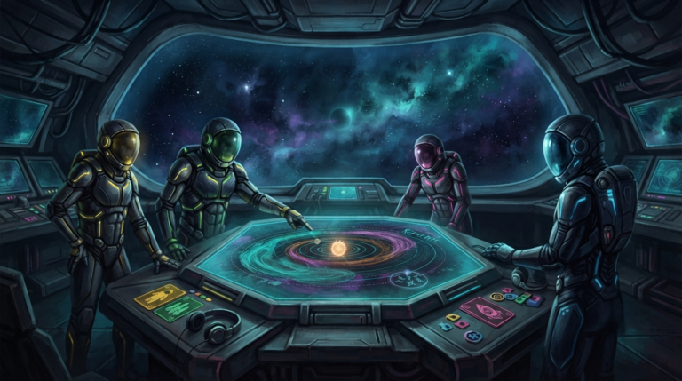A team of four astronauts in sleek, form-fitting space suits with glowing helmet visors stands around a central holographic display table, studying a complex 3D map of the solar system with a mysterious ninth planet marked at the edge