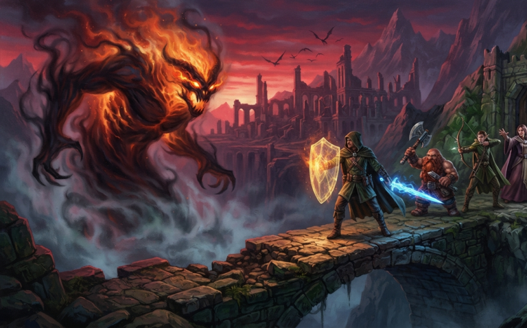 The scene depicts a lone hooded ranger standing on a crumbling stone bridge over a dark chasm, holding a glowing elven blade in one hand and a shimmering magical shield in the other. Opposite him, a massive towering beast made of shadow and flame emerges from the mist, its eyes glowing with malevolent light. Behind the ranger, a small fellowship of companions - a dwarf with a battle-axe, an elf with a bow, and a robed woman with a glowing staff - prepare to defend a narrow mountain pass. In the background, ancient ruins of a fallen kingdom are silhouetted against a blood-red sunset sky, with dark winged shapes circling in the distance. The atmosphere is tense, heroic, and cinematic, capturing a desperate last stand. Painted with detailed brushwork, rich jewel tones, and dramatic high contrast lighting