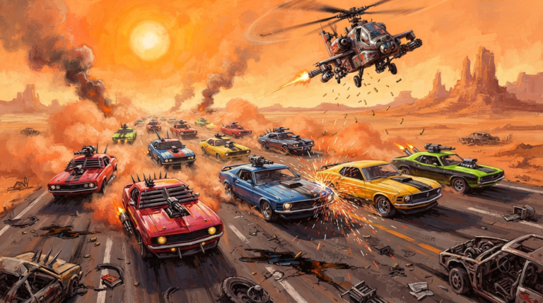 A pack of heavily armored muscle cars races down a cracked desert road. Dust and smoke billow behind them. In the foreground, a red car with a spike-covered front bumper rams into a blue car, forcing it toward the edge of the road. A helicopter hovers above, its rotor kicking up dust. The sky is a hazy, apocalyptic orange
