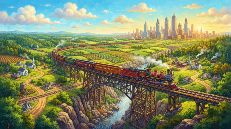 The scene depicts a sweeping panoramic view of a classic American landscape from the early 20th century. A colorful steam locomotive pulls a train of passenger cars across a high trestle bridge spanning a deep river gorge. The train winds through a patchwork of lush green farmland, rolling hills, and dense forests, with the bright blue sky dotted with fluffy white clouds. In the distance, a bustling city skyline with vintage skyscrapers rises on the horizon. Small towns with train stations and water towers dot the landscape, with faint trails of steam rising from other trains in the distance. The atmosphere is adventurous, nostalgic, and full of the romance of rail travel. Painted with rich greens, warm yellows, bright blues, and deep reds, evoking the classic American railroad era