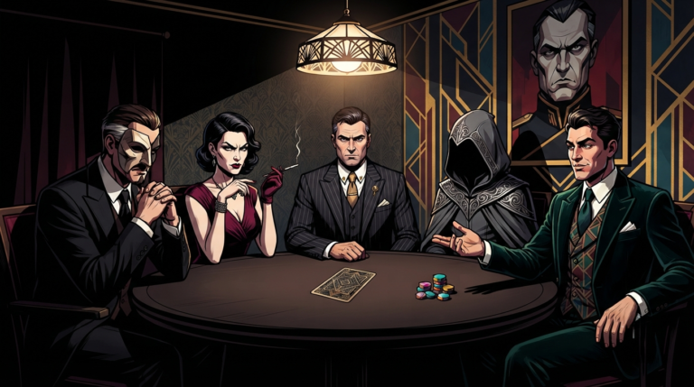 The scene depicts a tense, dimly lit backroom of a high-end, futuristic cabaret in a dystopian city-state. Five figures in elegant, wealthy attire—a power broker with a mask, a well-dressed woman with a sharp glare, a captain of industry in a dark suit, a mysterious figure in a hooded cloak, and a charismatic politician—are seated around a circular wooden table