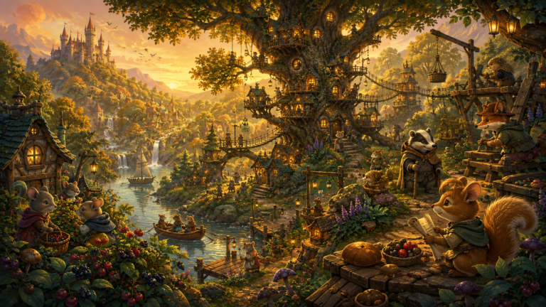 The scene depicts a panoramic view of a breathtaking, magical forest valley at golden hour. In the center of the valley, a magnificent, ancient tree-city rises from the forest floor, with tiny wooden houses, bridges, and glowing lanterns built into its branches and trunk. A winding river flows through the valley, with small wooden boats and docks. The landscape is filled with colorful wildflowers, berry bushes, and glowing mushrooms. A variety of cute, anthropomorphic woodland animals — a family of mice in tiny cloaks, a squirrel carrying a scroll, a badger with a walking stick, and a fox in a little hat — are going about their daily activities, tending gardens, harvesting berries, and building new structures