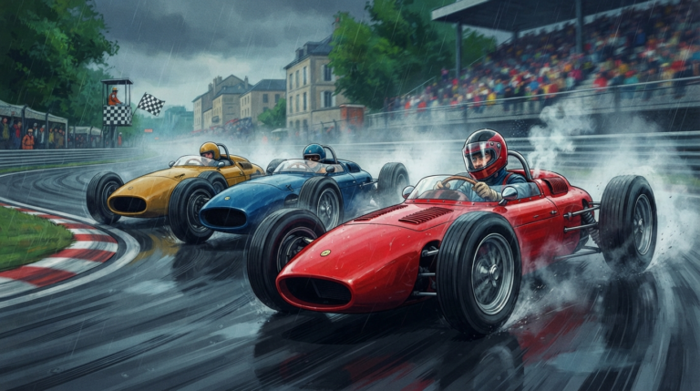The scene depicts a tense moment during a Formula 1-style race on a rain-soaked European circuit. Three classic open-wheel race cars in bold colors (red, blue, and yellow) speed through a sharp corner, their tires kicking up splashes of water and smoke. In the foreground, the red car's driver, visible through a helmet visor, is gripping the steering wheel with intense focus. The car is tilting slightly, the rear end sliding just a bit, capturing the 'edge of control' feeling. Steam rises from the engine vents, and heat waves distort the air behind the car. A checkered flag waves in the distance, and the crowd is a blur of color in the background
