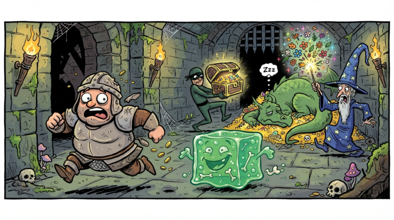 The scene depicts a chaotic dungeon corridor. A chubby, helmet-wearing warrior with a panicked expression is being chased by a grinning, cartoonish gelatinous cube. In the background, a sneaky-looking thief in a unitard is trying to steal a comically oversized, glowing treasure chest from a sleeping dragon with a bored expression. A wizard with a ridiculous, oversized hat is attempting to cast a spell, but his wand is shooting out a comical stream of flowers instead of a fireball.