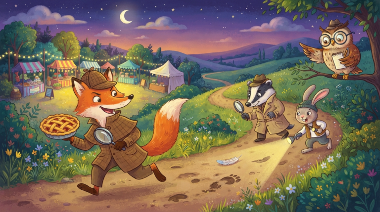 The scene depicts a playful and mysterious countryside at twilight. A large, cunning fox in a detective hat (but with a wide, mischievous grin) is sneaking away from a farmer's market, clutching a stolen pie in one paw and a magnifying glass in the other. Three quirky animal detectives—a bespectacled owl with a notepad, a brave badger with a magnifying glass, and a quick-witted rabbit with a flashlight—are hot on the fox's trail, pointing at clues on the ground (a scattered feather, a muddy footprint).