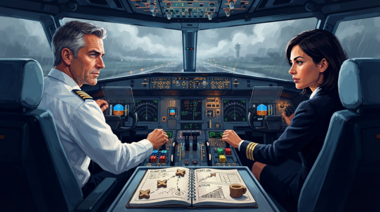 The scene depicts the interior of a commercial airliner cockpit during the final moments of a challenging landing approach. Two pilots—a captain and a first officer—sit side by side at the control panel, each facing their own console with an intense, focused expression. On the console between them, a central control panel displays colorful dice placement slots, switches, and an airplane axis indicator. Each pilot has a set of four dice rolled behind a small screen, hidden from the other player. On the table, a flight log booklet shows the approach track with wooden airplane tokens, an altitude track, and a coffee token representing a concentration boost. The view through the cockpit windshield shows a runway approaching through heavy clouds and rain, with a control tower visible in the distance. The atmosphere is tense, cooperative, and full of the silent communication between two professionals working as one. Painted with clean blues, crisp whites, warm oranges, metallic greys, and bright accent colors.