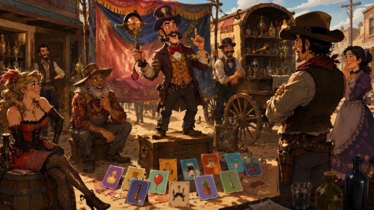 A wide horizontal vibrant illustration, 16:9 aspect ratio, non-photorealistic, painted in a colorful, cartoonish style with bold lines, a playful atmosphere, and a slightly retro Western aesthetic. The scene depicts a lively, dusty street in an Old West town. In the center, a charismatic salesman in a flamboyant vest and bow tie stands on a wooden crate, holding up a bizarre, improvised product made from two unrelated objects (e.g., a 'Rumor Mirror' or 'Burp Balloon'), pitching it to a skeptical but amused customer. A group of diverse onlookers—a cowboy, a prospector, a saloon girl, and a shopkeeper—watch with a mix of curiosity and amusement. Colorful word cards are scattered at the salesman's feet, showing random nouns. A large, quirky sign above a wagon reads 'THE MEDICINE SHOW' and a banner behind the salesman reads 'CURES WHAT AILS YA!' The atmosphere is funny, fast-paced, and full of the spirit of improvisation, evoking the chaotic energy of a snake oil sales pitch. Painted with warm desert browns, dusty oranges, vibrant reds, deep blues, and bright yellows