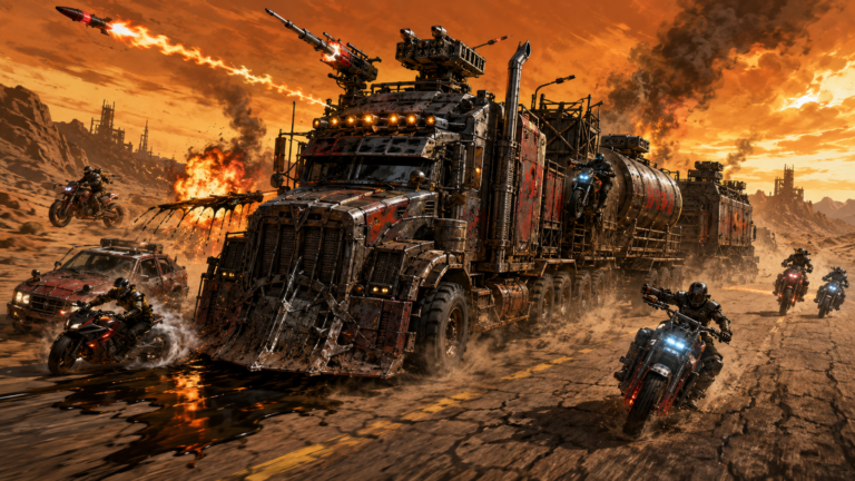 The scene depicts a dramatic pursuit across a desolate, cracked desert highway. In the foreground, a massive, three-section Big Rig, a menacing truck bristling with weapons, dominates the road, kicking up a cloud of dust. Its missile launcher is firing, and a hazard dispenser is dropping an oil slick. In the background and to the sides, a gang of five nimble motorcycles