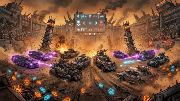 The scene depicts a high-stakes car battle inside a massive, walled arena under a hazy, orange sky. In the center of the arena, a crew of four heavily modified, weaponized cars is locked in a chaotic fight with another crew of purple vehicles