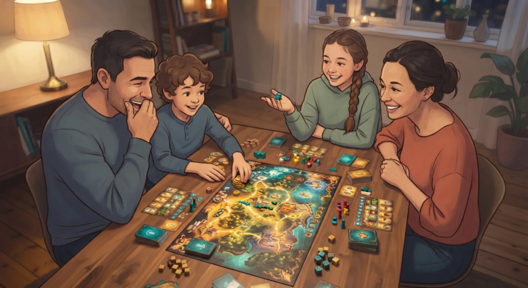 Family of four laughing together while playing a board game at home