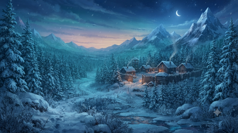 Frozen fantasy wilderness at dusk, snow-covered pine forest, a small wooden frontier outpost with glowing lanterns in the distance, deep blue and icy teal color palette, atmospheric winter fantasy illustration
