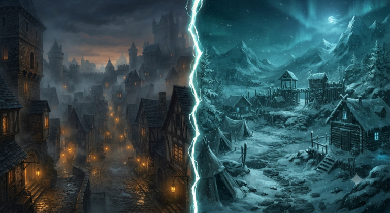 Split-scene fantasy illustration, left half: a misty dark medieval city at dusk with fog-covered stone streets and warm lantern light, right half: a frozen snow-covered wilderness outpost with icy blue moonlight, the two halves divided by a jagged crack of light down the center, deep navy and icy teal color palette with warm gold lantern accents, atmospheric digital painting
