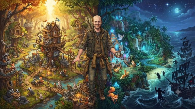 A majestic woodland scene split in two halves - left side shows a tense competitive forest with cute woodland creatures (raccoons, rabbits, foxes) building forts and settlements, right side shows a mystical tropical island with glowing spiritual energy and dark shadowy invaders approaching from the sea. Warm golden sunlight on the left, mysterious blue ethereal glow on the right. Wide cinematic shot, stylized fantasy illustration, vibrant colors, detailed board game art style with a man in the middle