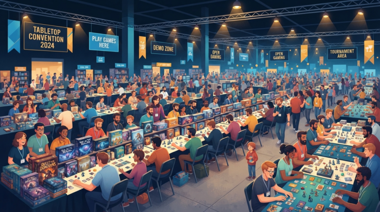 A vibrant editorial illustration of a bustling tabletop gaming convention hall, wide angle. Long rows of tables covered in colorful board games, dice, and miniature figures, warm overhead spotlights, a crowd of diverse enthusiastic attendees browsing and playing