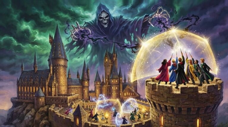 ancient castle with tall towers, stone ramparts, and glowing windows, surrounded by a dark, stormy sky filled with swirling green and purple magical energy. A massive, spectral figure with a skeletal face and dark robes looms above the castle, its hands crackling with dark magic. On the castle's highest tower, a group of five young wizards and witches in colorful robes (red, blue, yellow, green, and black) stand together, raising their wands toward the sky, casting a shimmering golden shield that glows with protective energy