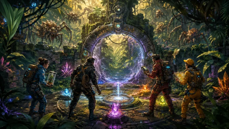 The scene depicts a dense, lush alien jungle filled with towering bioluminescent plants, ancient stone ruins, and glowing crystals. A team of four explorers in colorful, practical gear (a blue-clad biologist with a specimen container, a black-clad spelunker with a climbing rope, a red-clad engineer with a scanner, and a yellow-clad navigator with a map) stands on a stone platform. They are examining a large, open, ancient portal with a glowing energy field in its center. Four activated crystal tiles are placed around the portal, their energy flowing into it. In the background, a horde of large, spider-like alien creatures with venomous fangs and glowing eyes is emerging from the jungle