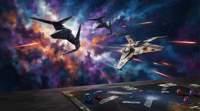 A team of two sleek, angular, dark-winged starfighters is in hot pursuit of a single, battered, wedge-shaped starfighter with distinctive S-foils