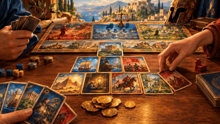 The scene depicts a close-up of a strategic card game in progress on a wooden table. The cards are arranged in a pyramid formation, with colorful illustrations of ancient wonders, scientific discoveries, and military conquests. Two players' hands are visible at the edges of the frame, one reaching for a card. A small pile of gold coins sits in the center. In the background, a detailed game board shows a military track with a conflict pawn, a science track with a balance scale, and a civilizational progress track