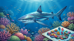 The scene depicts a breathtaking coral reef teeming with life. In the foreground, a magnificent, streamlined shark with iridescent blue-grey skin and subtle dark markings glides gracefully through the water, its powerful fins fully extended. Around it, a vibrant coral reef is alive with color – branching staghorn corals, brain corals, and sea fans in shades of pink, purple, orange, and green. Tiny, colorful reef fish dart in and out of the coral, and a few small schools of young fish shimmer in the background.
