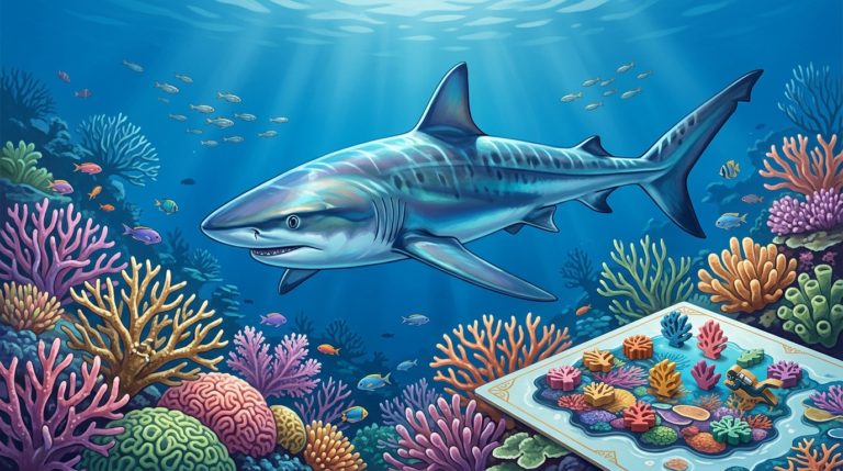 The scene depicts a breathtaking coral reef teeming with life. In the foreground, a magnificent, streamlined shark with iridescent blue-grey skin and subtle dark markings glides gracefully through the water, its powerful fins fully extended. Around it, a vibrant coral reef is alive with color – branching staghorn corals, brain corals, and sea fans in shades of pink, purple, orange, and green. Tiny, colorful reef fish dart in and out of the coral, and a few small schools of young fish shimmer in the background.