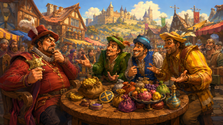 The scene depicts a busy, sun-drenched medieval market square in the town of Nottingham. A large, round wooden table is at the center of the scene, piled high with colorful pouches, exotic fruits, and mysterious goods. A portly, stern-looking sheriff in a red tunic and feathered cap sits on one side of the table, holding a badge of office, eyeing a player across from him with suspicion. On the other side of the table, three merchants in bright medieval clothing