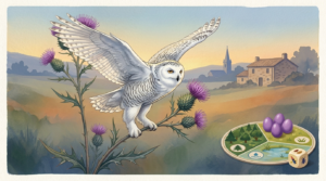 The scene depicts a magnificent Snowy Owl in flight, its white plumage with subtle dark barring fully displayed, gliding gracefully over a serene European landscape at dusk. The background is a soft, dusky gradient of pale gold, gentle blue, and warm amber – evoking the Arctic twilight of northern Europe – with subtle silhouettes of rolling hills, a distant stone farmhouse, and a church spire. The composition is balanced and serene, with a small, elegant game board element (a circular habitat mat showing a forest, grassland, and wetland, with a few purple egg tokens and a single food die) tastefully placed in the lower corner