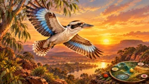 The scene depicts a magnificent Kookaburra in mid-flight, its wings fully extended, with its distinctive blue wing patches and cream-colored plumage catching the warm light of a golden sunset. The background is a soft, dusky gradient of deep orange, amber, and pale gold – evoking the Australian Outback at dusk – with subtle silhouettes of eucalyptus trees and distant hills. The composition is balanced and serene, with a small, elegant game board element