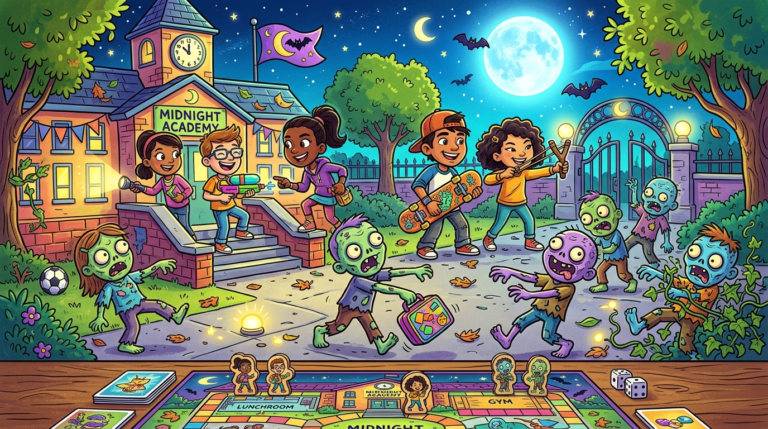 The scene depicts a chaotic schoolyard at night under a bright full moon. A horde of silly, goofy-looking zombies with googly eyes and clumsy poses is shambling toward the school gates, but they look more funny than scary. A team of four brave, diverse kids—a girl with a flashlight, a boy with a water pistol, a girl with a skateboard, and a boy with a slingshot—are standing together on the school steps, defending their school with playful determination