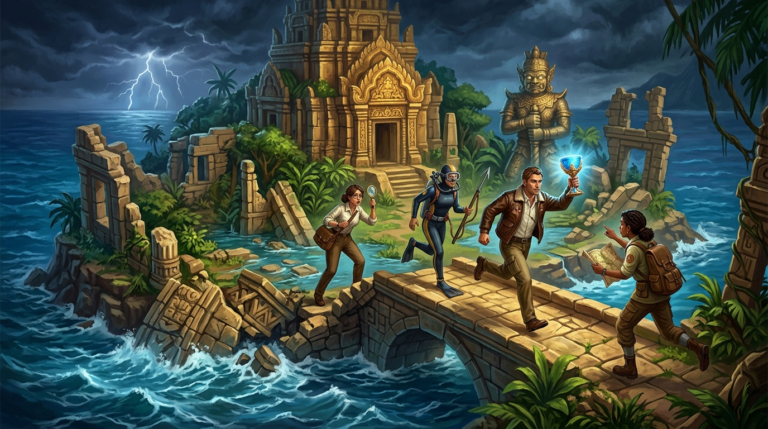 The scene depicts a mysterious, ancient island with crumbling stone ruins, overgrown jungle, and a massive, ornate temple at its center. The island is surrounded by a churning, deep blue ocean, and the sky above is dark and stormy, with lightning flashing in the distance. A team of four diverse explorers—a pilot with a leather jacket, a diver with a wetsuit and harpoon, a scientist with a satchel and magnifying glass, and a navigator with a map and compass—are racing across a stone bridge connecting two parts of the island. One explorer is holding a glowing, ancient treasure (a blue crystal chalice), while another is looking back in alarm as the bridge behind them begins to crumble into the sea