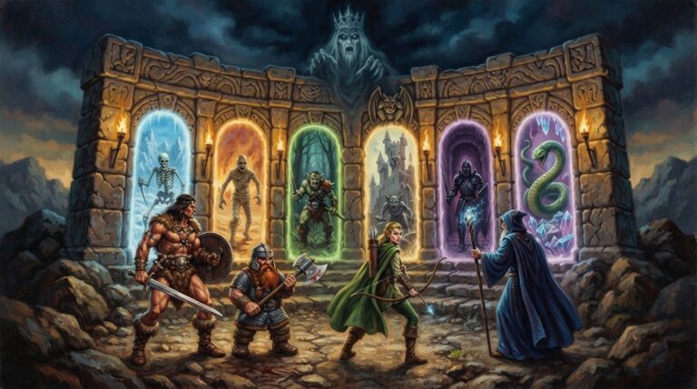 a barbarian with a broadsword, a dwarf with a battleaxe, an elf with a bow, and a wizard with a staff — standing at the entrance of a massive stone gateway. The gateway is divided into multiple archways, each leading to a different realm: a frozen wasteland, a burning desert, a dark forest, a crumbling castle, a deep dungeon, and a mystical realm of floating crystals. From each archway, a different type of monster is emerging: a skeleton warrior, a mummy, an orc, a gargoyle, a dark knight, and a serpentine beast. A ghostly, crowned figure looms in the shadows above the gateway, watching the heroes.