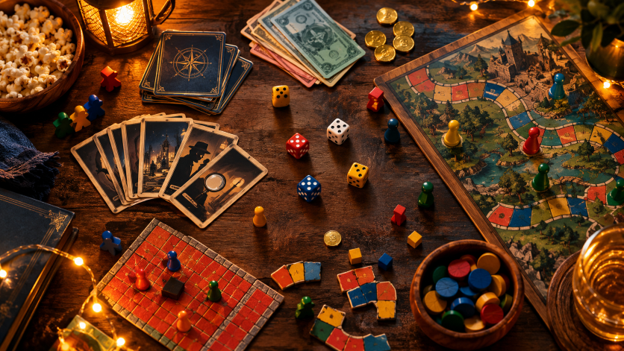The scene shows a cozy wooden table from directly above, covered with classic board game elements scattered playfully: colorful dice mid-roll, wooden and plastic game pawns in red, blue, green, and yellow, a folded paper money stack, a deck of mystery/detective cards fanned out, a small red game board tile pattern, and a few candy-colored path tiles. Warm string lights or a soft lamp glow frame the edges of the table.