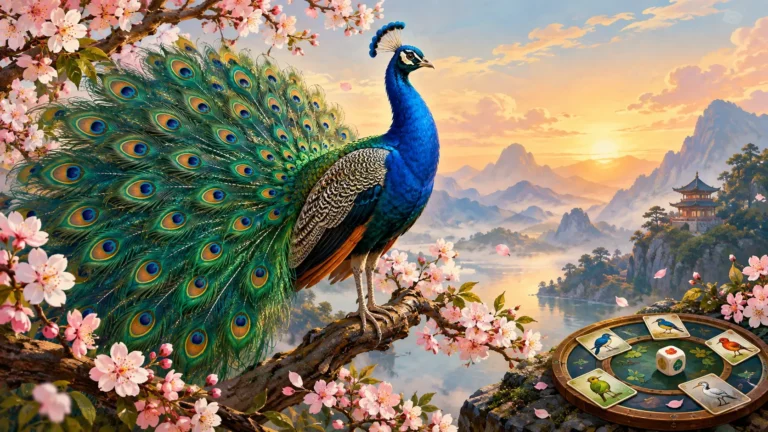 The scene depicts a beautiful, vibrant Asian bird — a magnificent Indian Peafowl with its iridescent blue-green plumage fully displayed — perched on a delicate branch of a flowering cherry blossom tree. The bird is rendered in high detail, with a focus on its intricate feather patterns and majestic presence. The background is a soft, gradient of warm dawn colors — pale gold, soft peach, and gentle blue — with subtle silhouettes of distant Asian mountains and stylized clouds. The composition is balanced and serene, with a small, elegant game board element (a circular habitat ring with tiny colorful bird cards and a single food die) tastefully placed in the lower corner,